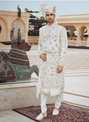 White Embroidered Sherwani In Art Silk