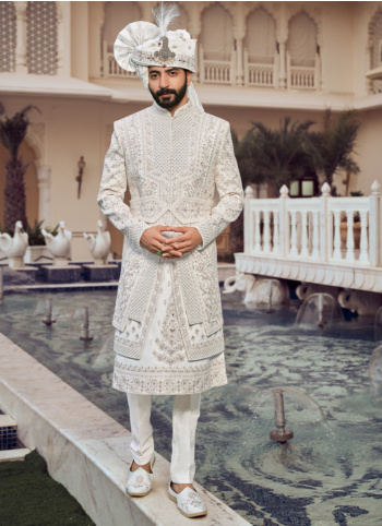White Groom Wear Art Silk Sherwani