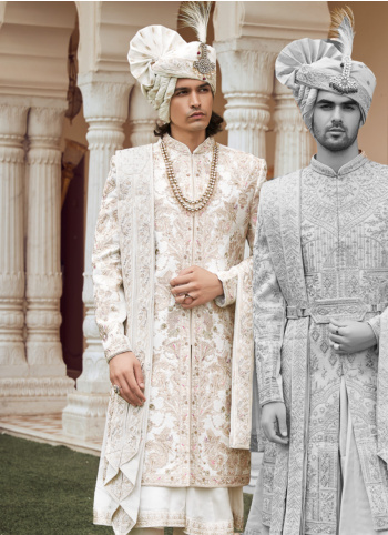 Off White Embroidered Art Silk Groom Sherwani