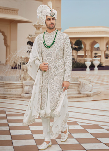 Opulent Off White Embroidered Art Silk Sherwani