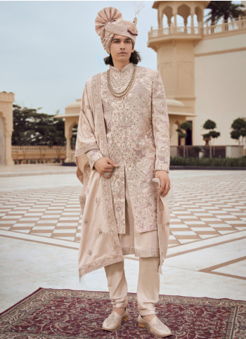 Majestic Luxe Cream  Art Silk Groom Sherwani