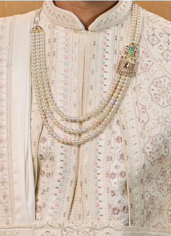 Luxurious Cream Art Silk Embroidered Sherwani For Men