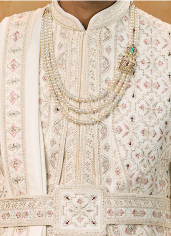 Royal Off White Embroidered Art Silk Sherwani Set 