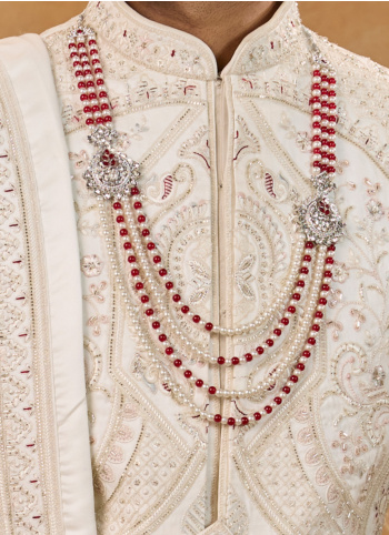 Off White Embroidered Sherwani Set With Dupatta