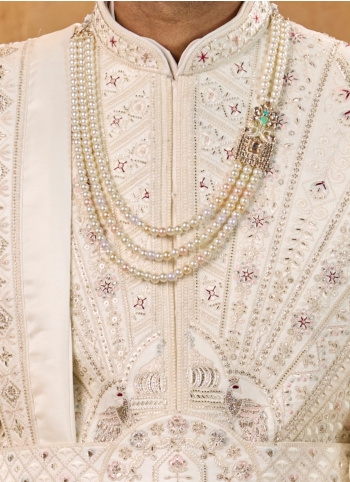 Off White Embroidered Art Silk Wedding Sherwani Set