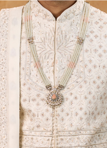 Elegant Cream Art Silk Sherwani Set For Groom