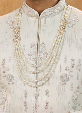 Royal Light Grey Art Silk Embroidered Sherwani Set