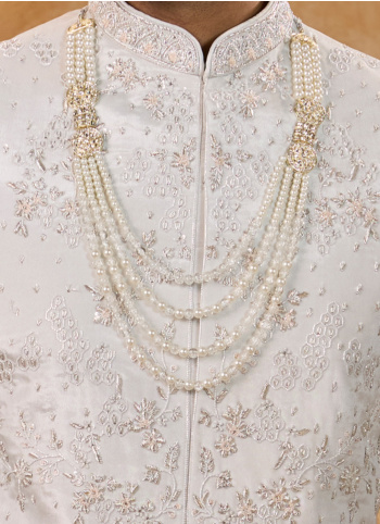 Cream Embroidered Sherwani Set In Art Silk
