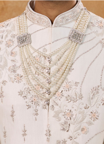 Off White Sherwani Set In Art Silk