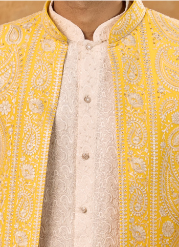 Cream And Yellow Art Silk Indowestern Set