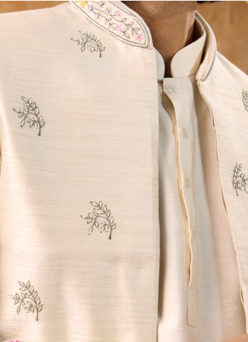 Cream Embroidered Indowestern Set In Art Silk