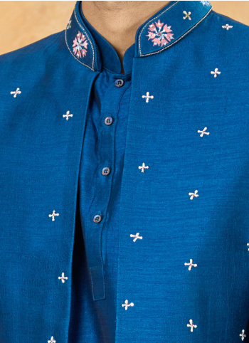 Blue Embroidered Indowestern Set In Art Silk 
