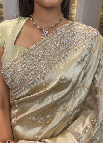 Golden Cream Embroidered Tissue Silk Saree