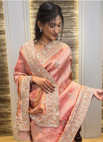 Peach color Embroidered Tissue Saree