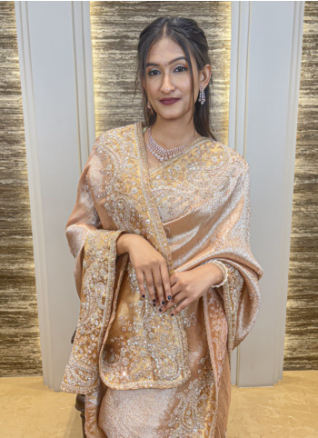 Golden Peach Embroidered Tissue Saree