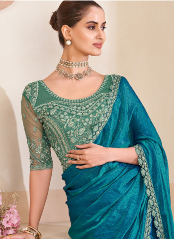 Shimmering Peacock Blue Organza Saree