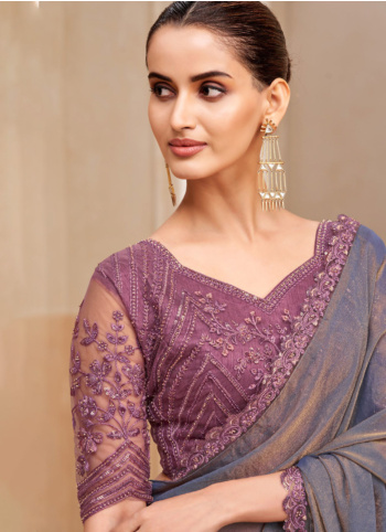 Grey Embroidered Organza Saree