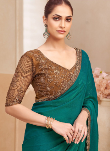 Peacock Green Embroidered Organza Saree