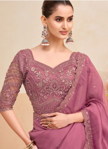 Onion Pink Embroidered Organza Saree