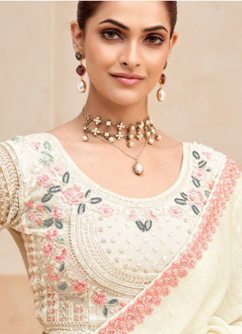 Cream Embroidered Organza Saree