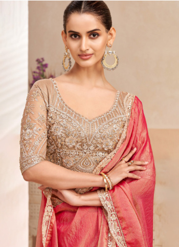 Gajari Pink Embroidered Organza Saree