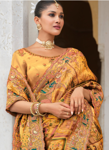 Mustard Yellow Embroidered Banarasi Silk Saree