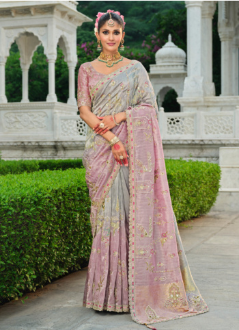 Grey And Pink Banarasi Silk Saree