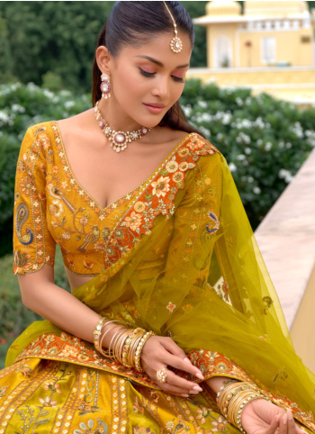 Mustard Yellow And Green Silk Lehenga Choli