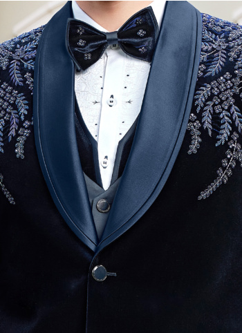 Velvet Fabric Blue Embroidered Suit For Men