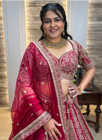 Stunning Cherry Red Heavy Embroidered Silk Lehenga Choli For Bride