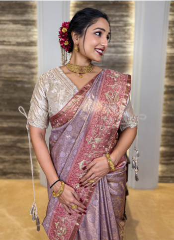 Peach Embroidered Kanjivaram Saree