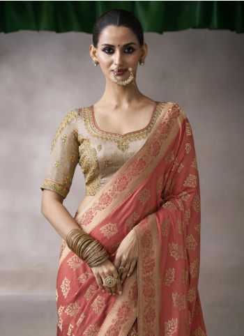 Dark Peach Woven Crepe Silk Saree