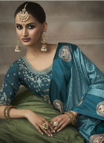 Teal Blue Satin Silk Saree With Embroidered Blouse Material