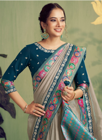 Beautiful Light Grey Tissue Silk Saree