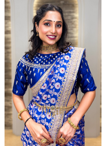 Blue Embroidered Banarasi Silk Saree
