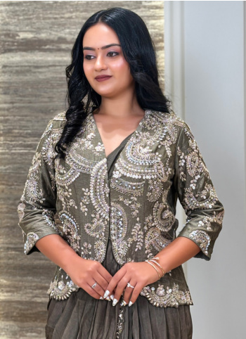 Grey Silk Pre-Draped Saree with Stylish Blouse