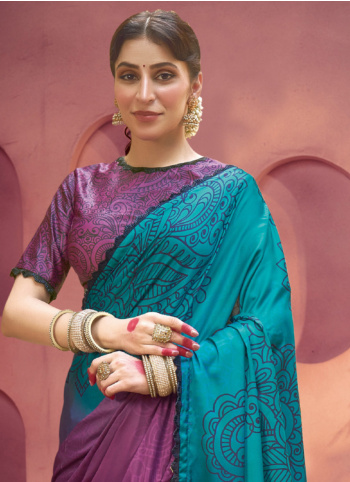 Purple And Blue Printed Gajji Silk Saree