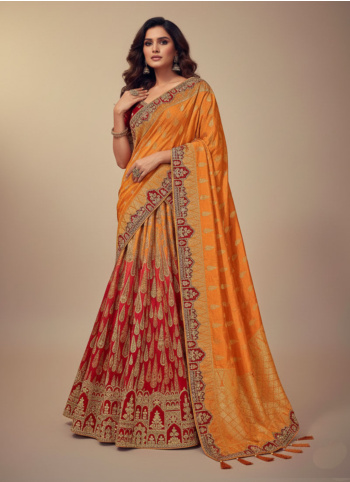 Red And Yellow Woven Silk Lehenga Choli