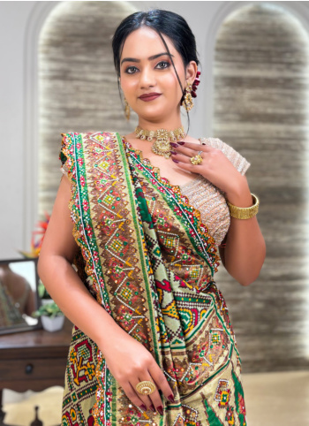 Green And Cream Embroidered Patola Silk Saree