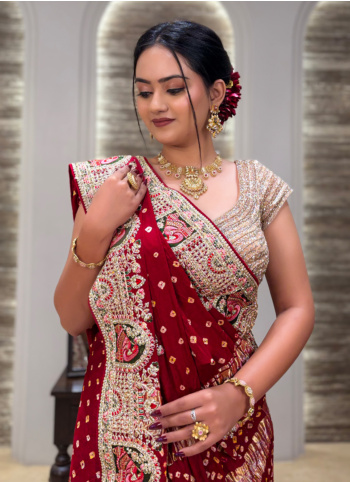 Maroon Embroidered Bandhani Gajji Silk Saree