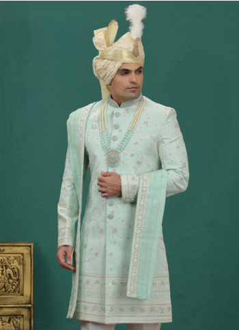 Pista Green Embroidered Art Silk Sherwani