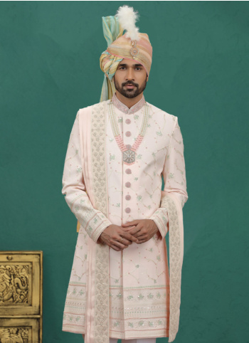 Light Pink Embroidered Art Silk Sherwani