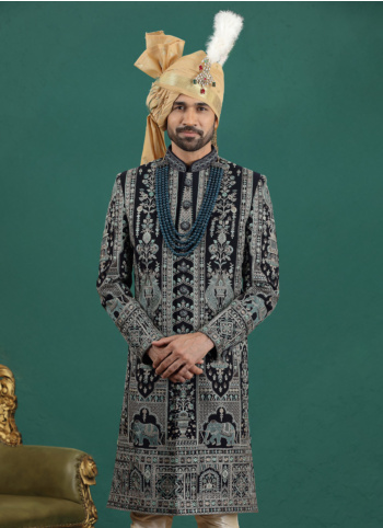 Navy Blue Embroidered Art Silk Indowestern Set