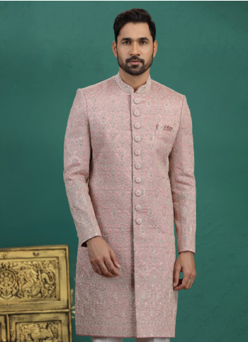 Onion Pink Embroidered Art Silk Indowestern Set