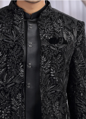 Black Embroidered Velvet Fabric Jodhpuri Suit