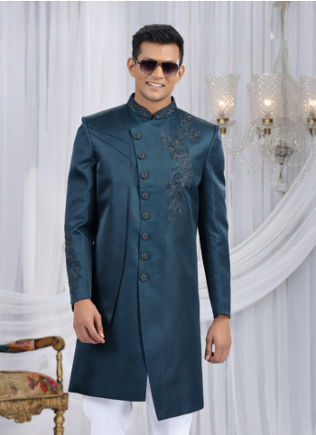 Dark Teal Color Embroidered Art Silk Indowestern Set