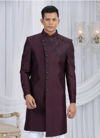 Wine Color Embroidered Art Silk Indowestern Set