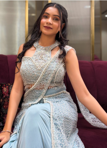 Powder Blue Embroidered Ready To Wear Crepe Saree