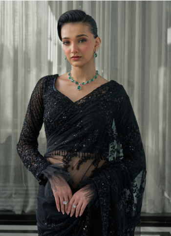 Black Cutdana Embellished Net Choli Saree 