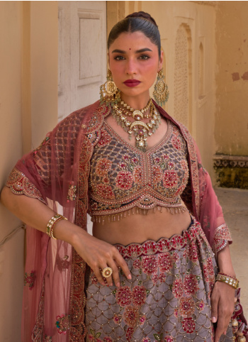 Lilac And Pink Embroidered Silk Lehenga Choli